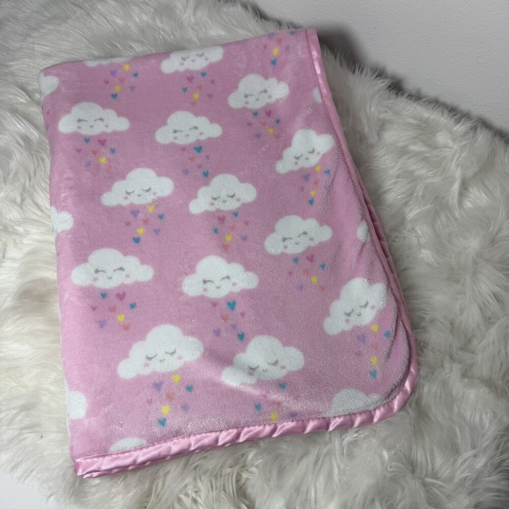 ZAK and ZOEY Raincloud Hearts Pink Baby Blanket White Sherpa Satin Trim Edge
